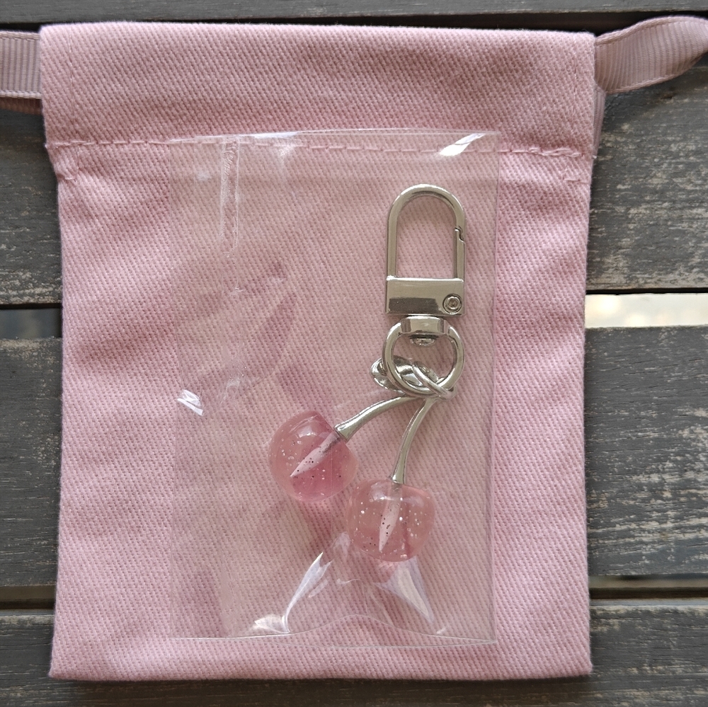 NEW, Pink cherry charm with pouch